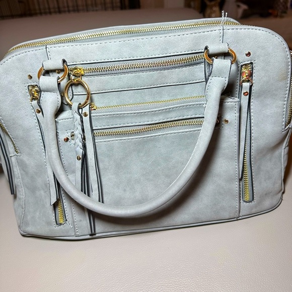 Gray Marbled Faux Leather Satchel with 8 Compartments - Gold Hardware - EUC - Picture 3 of 10